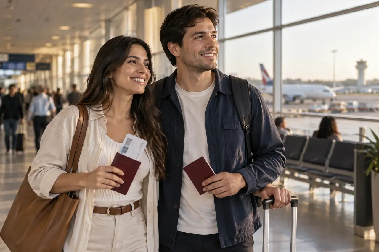 Pareja paraguaya con pasaportes y tarjeta de embarque en el aeropuerto Silvio Pettirossi de Asunción