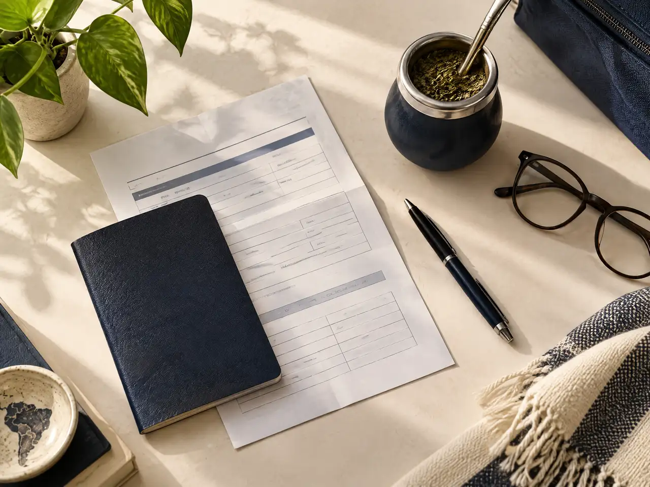 Pasaporte formulario impreso y tereré sobre un escritorio antes de preparar la visa americana