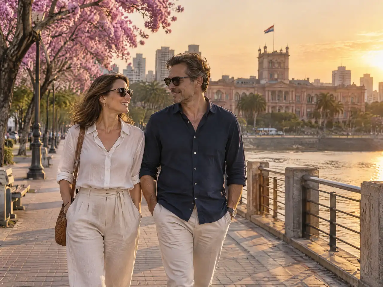 Pareja extranjera paseando por la Costanera de Asunción con el Palacio de López de fondo