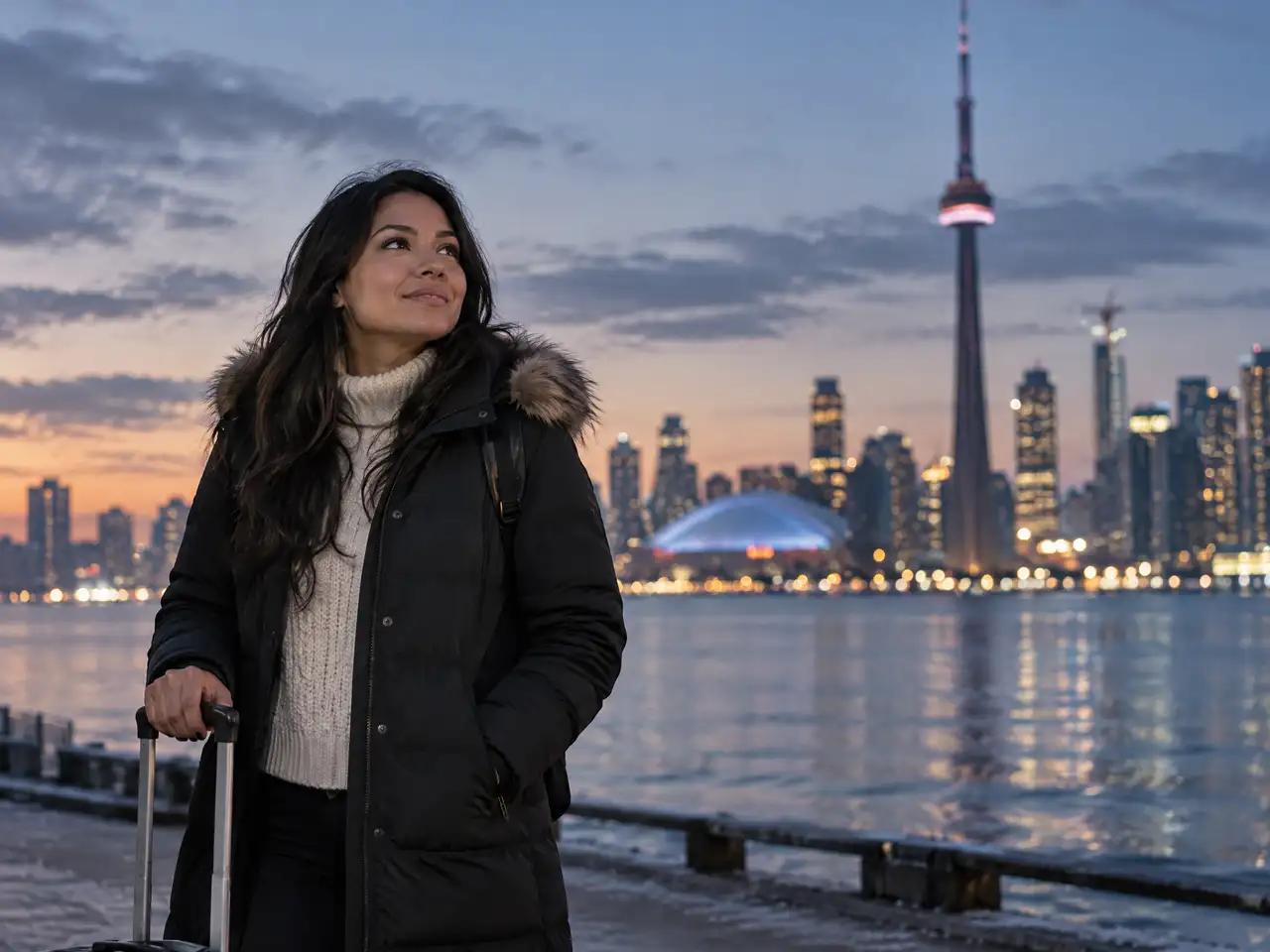 Viajero con valija frente al skyline de Toronto y la CN Tower al atardecer