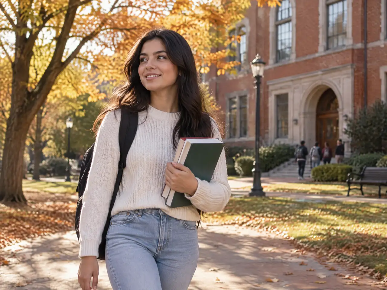 Estudiante paraguayo con mochila y libros en un campus universitario de Estados Unidos en otoño