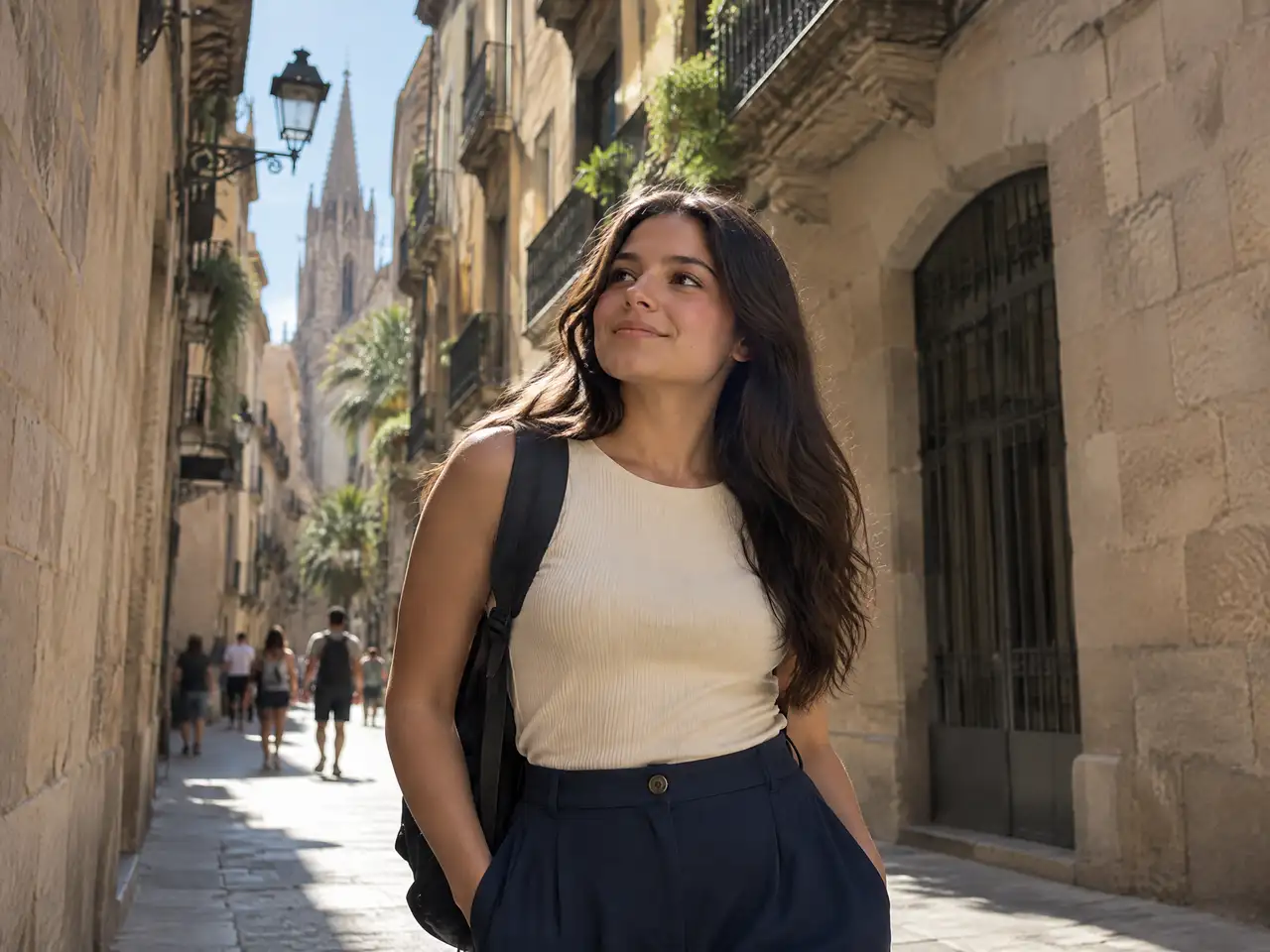 Joven paraguaya con mochila en una calle del casco antiguo de Barcelona